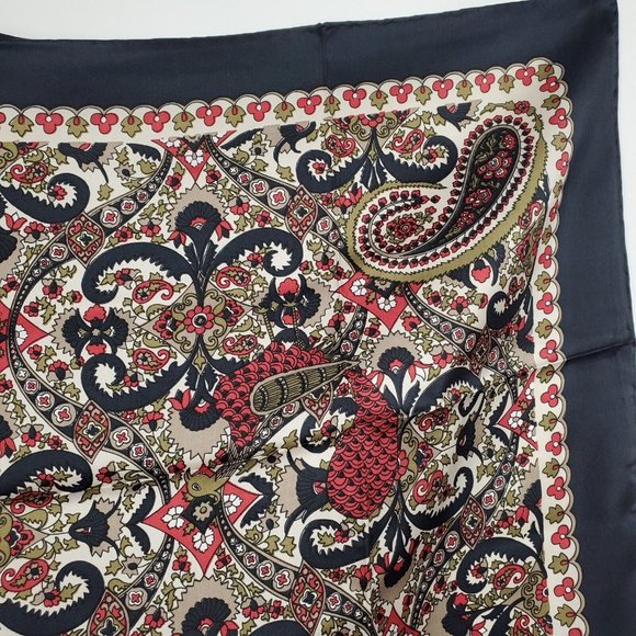 Vintage Silk Scarf Square  Black Tan Paisley 31" Square Twill Hand Rolled - Picture 4 of 11